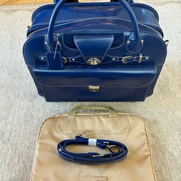 McKlein Blue Leather Briefcase for 15" Laptop with Wheels - Picture 2 of 7